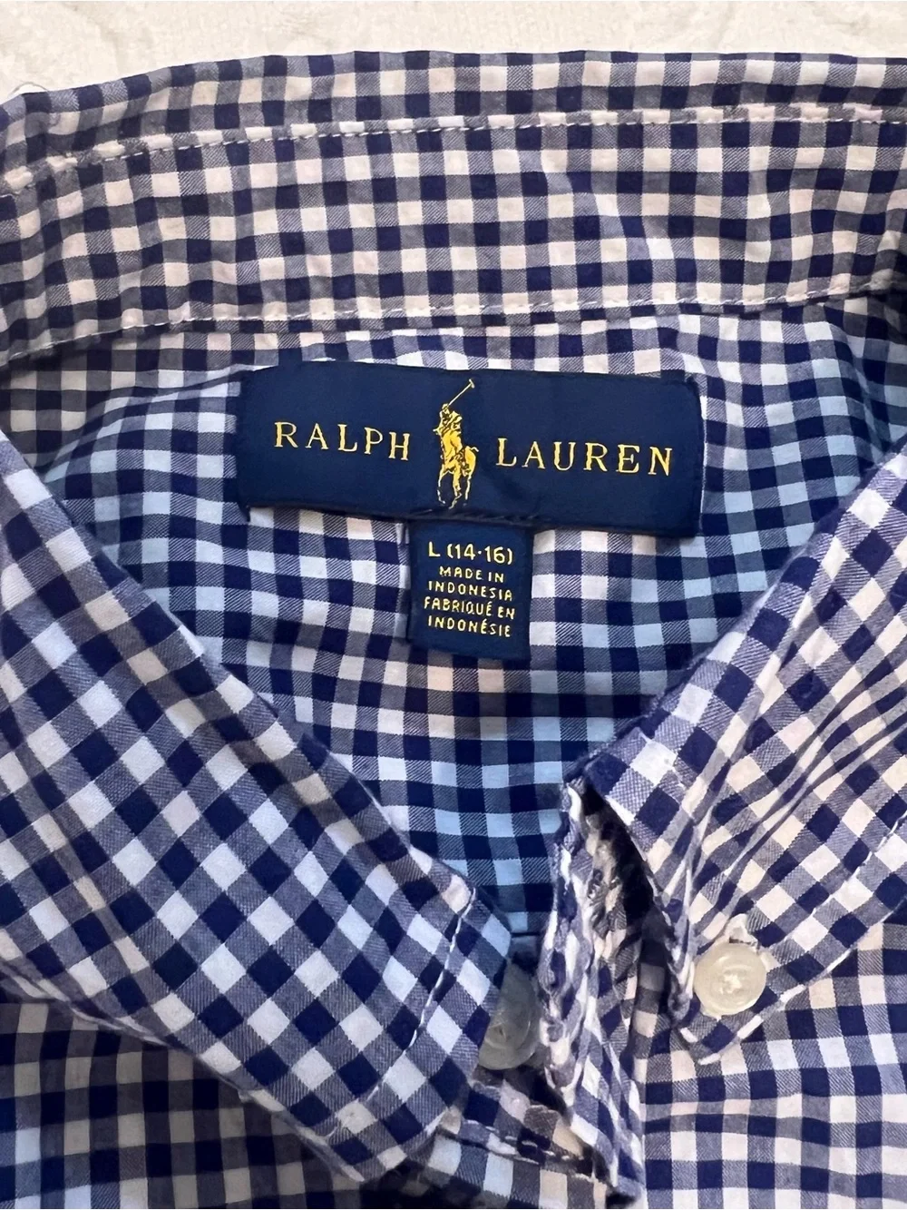 Ralph Lauren Kids’ Blue Gingham Button-Down Shirt size L with Red Horse
